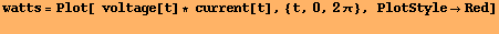 watts = Plot[  voltage[t] * current[t], {t, 0, 2 π}, PlotStyleRed] 